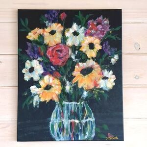 Abstract Floral Painting Dark Background Original Acrylic 16" X 20" New Signed